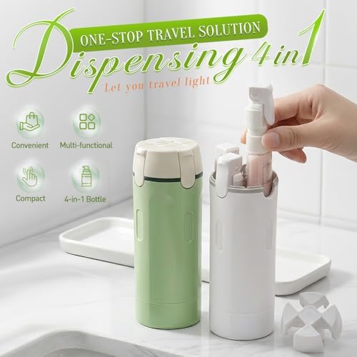 4 in 1 Travel Dispenser, 4 Pack 30ML Leak Proof Travel Bottles for Toiletries, Portable 4-in-1 Travel Dispenser Bottle Travel Refill Bottle for Shampoo Lotion Conditioner Cream (Green)