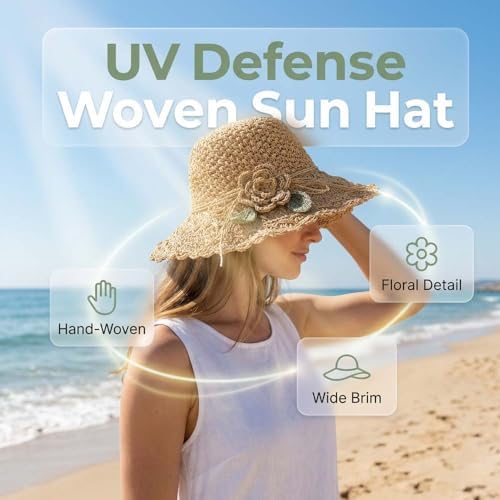 Womens Straw Hat Summer Beach Wide Brim Beach Hat Straw, Packable Travel Bucket Hats Sun Hat for Vacation