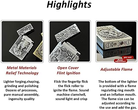 Lighters Vintage Soft Flame Lighter Traditional Flame Embossed Lighter Vertical Ignition Roller Cool Lighters Unique Birthday Gifts (Silver Tiger)