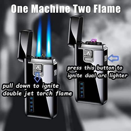 Torch Lighter Electric Arc Lighter 2 in 1 Dual Jet Flame Butane Lighter Refillable Butane Dual Arc Electric Lighter USB Rechargeable Lighter Windproof Lighter for Candle Kitchen BBQ No Gas (Silver)