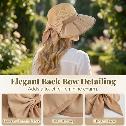 Womens Beach Sun Hat, Women's Bowknot Wide Brim Sun Protective Hat, Foldable Travel Beach Hat for Vacation
