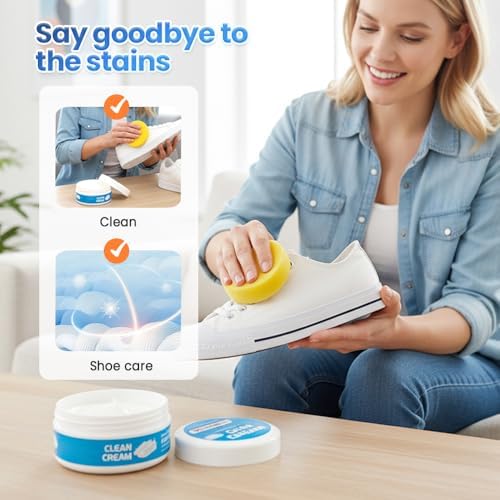 2Pcs White Shoe Cleaner Cream, Gentle Care Shoe Cleaner & Whitening Cream, Multipurpose No-Wash Solid Comes with Sponge