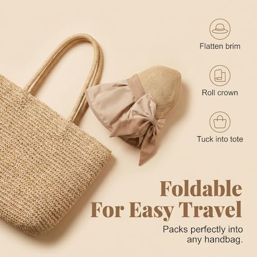 Womens Beach Sun Hat, Women's Bowknot Wide Brim Sun Protective Hat, Foldable Travel Beach Hat for Vacation