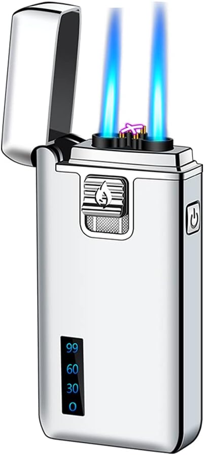 Torch Lighter Electric Arc Lighter 2 in 1 Dual Jet Flame Butane Lighter Refillable Butane Dual Arc Electric Lighter USB Rechargeable Lighter Windproof Lighter for Candle Kitchen BBQ No Gas (Silver)