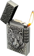 Lighters Vintage Soft Flame Lighter Traditional Flame Embossed Lighter Vertical Ignition Roller Cool Lighters Unique Birthday Gifts (Silver Tiger)