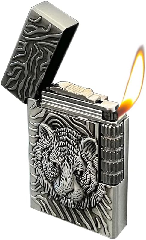 Lighters Vintage Soft Flame Lighter Traditional Flame Embossed Lighter Vertical Ignition Roller Cool Lighters Unique Birthday Gifts (Silver Tiger)