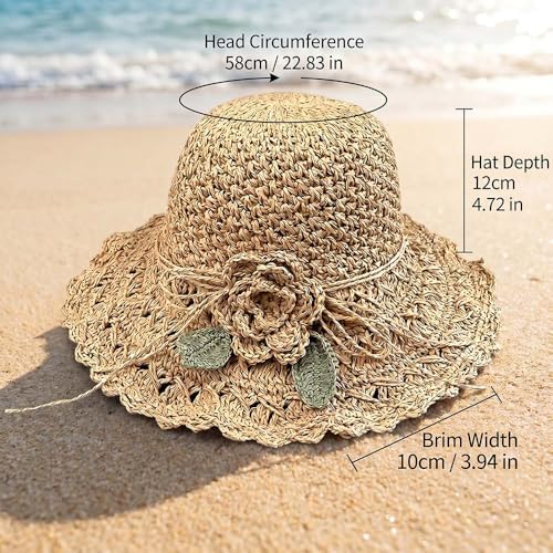 Womens Straw Hat Summer Beach Wide Brim Beach Hat Straw, Packable Travel Bucket Hats Sun Hat for Vacation