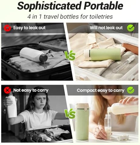 4 in 1 Travel Dispenser, 4 Pack 30ML Leak Proof Travel Bottles for Toiletries, Portable 4-in-1 Travel Dispenser Bottle Travel Refill Bottle for Shampoo Lotion Conditioner Cream (Green)
