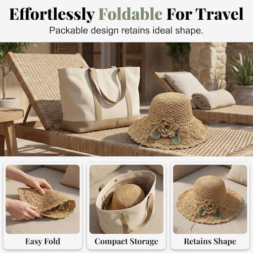 Womens Straw Hat Summer Beach Wide Brim Beach Hat Straw, Packable Travel Bucket Hats Sun Hat for Vacation
