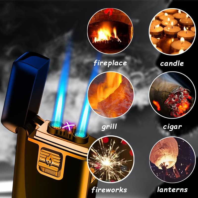 Torch Lighter Electric Arc Lighter 2 in 1 Dual Jet Flame Butane Lighter Refillable Butane Dual Arc Electric Lighter USB Rechargeable Lighter Windproof Lighter for Candle Kitchen BBQ No Gas (Silver)