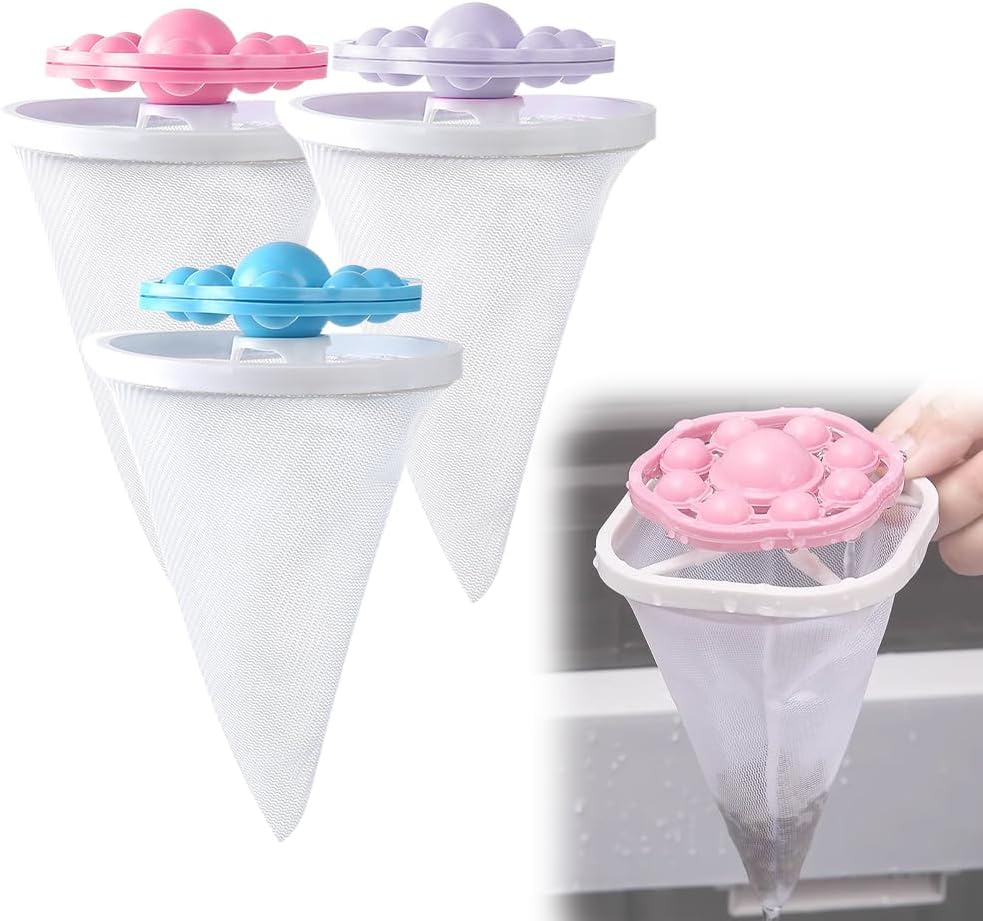 3PCS Floating Hair Filtering Mesh Removal, Reusable Lint Catcher for Washing Machine Wool Device, Pet Hair Remover Hair Filter Cleaning Mesh Bag (Mix)