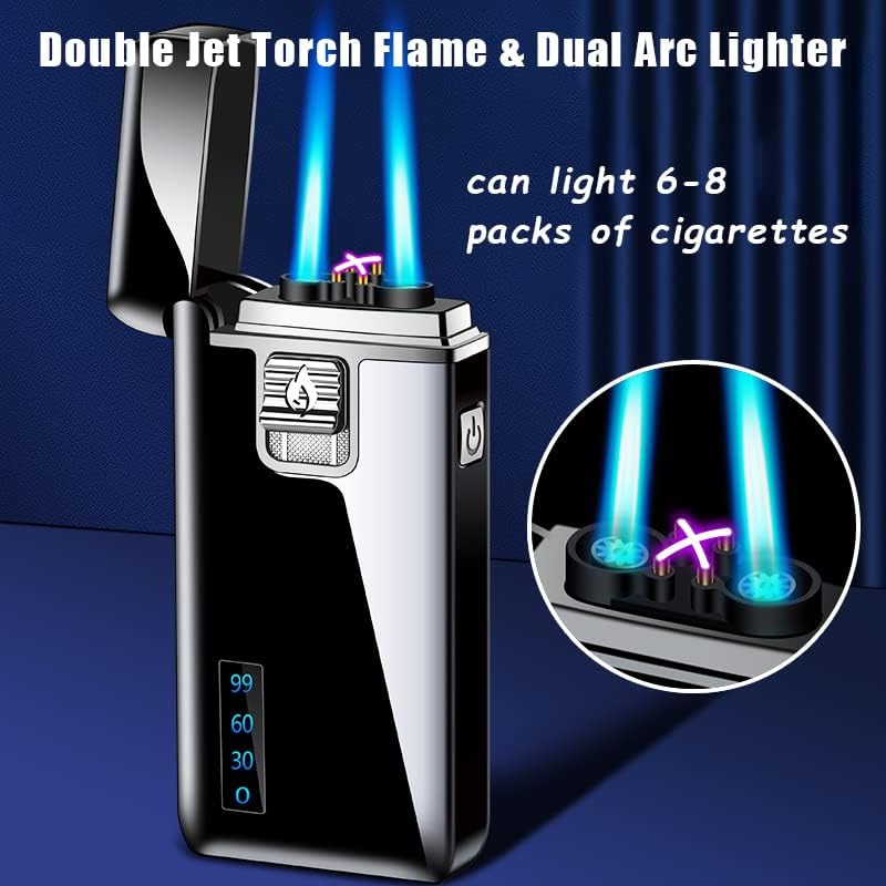 Torch Lighter Electric Arc Lighter 2 in 1 Dual Jet Flame Butane Lighter Refillable Butane Dual Arc Electric Lighter USB Rechargeable Lighter Windproof Lighter for Candle Kitchen BBQ No Gas (Silver)