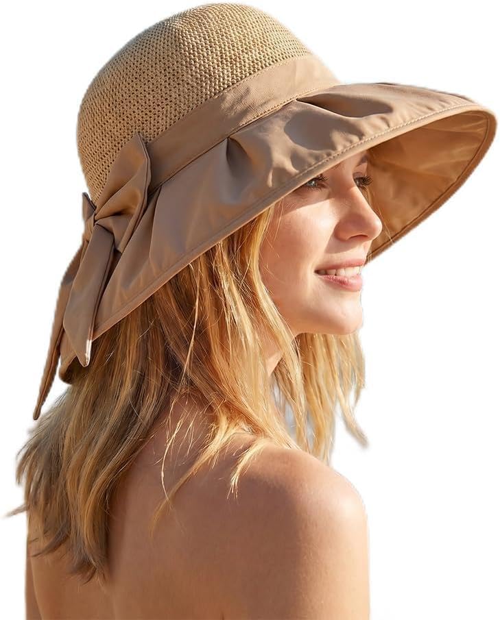 Womens Beach Sun Hat, Women's Bowknot Wide Brim Sun Protective Hat, Foldable Travel Beach Hat for Vacation