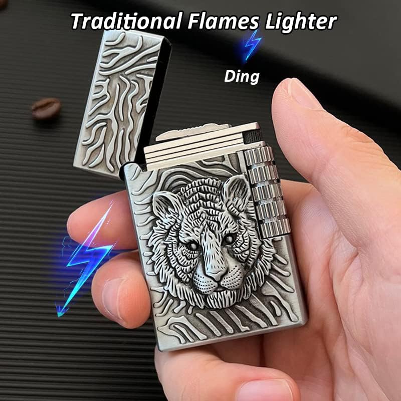 Lighters Vintage Soft Flame Lighter Traditional Flame Embossed Lighter Vertical Ignition Roller Cool Lighters Unique Birthday Gifts (Silver Tiger)