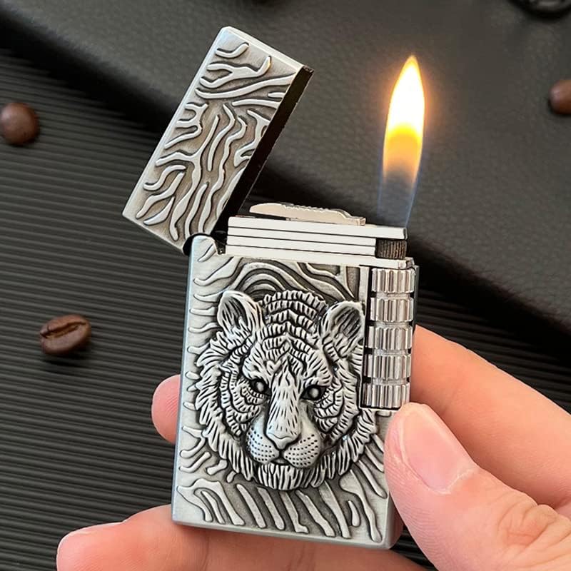 Lighters Vintage Soft Flame Lighter Traditional Flame Embossed Lighter Vertical Ignition Roller Cool Lighters Unique Birthday Gifts (Silver Tiger)
