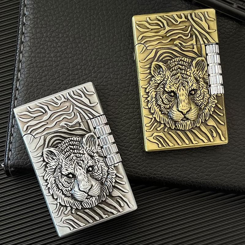 Lighters Vintage Soft Flame Lighter Traditional Flame Embossed Lighter Vertical Ignition Roller Cool Lighters Unique Birthday Gifts (Silver Tiger)
