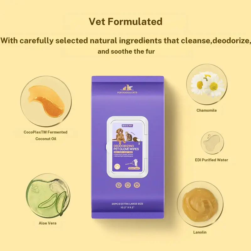 【Summer Sale】HICC PET Disposable Dog Grooming Wipes (20pcs) - Natural, Hypoallergenic, No-Rinse Mess-Free Grooming Wipes with Fermented Oils for Hair Removal, Sticky Hair Control, Deodorizing, Skin Moisture, Paw Care, Outdoor Use